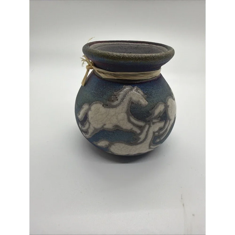 NWT Raku Pottery Small VASE Signed Jeremy Diller Wild Horses Blue Purple Copper